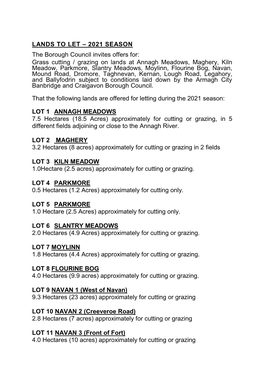 LANDS to LET – 2021 SEASON the Borough Council Invites Offers For: Grass Cutting / Grazing on Lands at Annagh Meadows, Magher