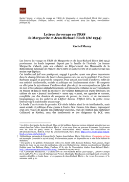 Lettres Du Voyage En URSS De Marguerite Et Jean-Richard Bloch (Été 1934) », Histoire@Politique