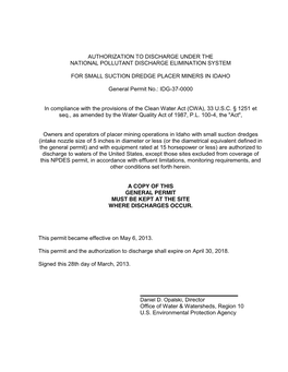 Authorization to Discharge Under the National Pollutant Discharge Elimination System