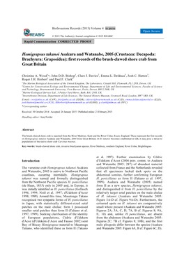Hemigrapsus Takanoi Asakura and Watanabe, 2005 (Crustacea: Decapoda: Brachyura: Grapsoidea): First Records of the Brush-Clawed Shore Crab from Great Britain