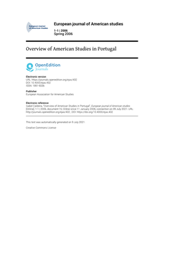 European Journal of American Studies, 1-1 | 2006 Overview of American Studies in Portugal 2