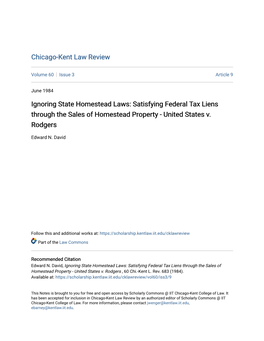 Ignoring State Homestead Laws: Satisfying Federal Tax Liens Through the Sales of Homestead Property - United States V