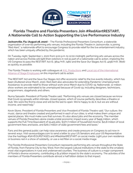 Florida Theatre and Florida Presenters Join #Redalertrestart, a Nationwide Call to Action Supporting the Live Performance Industry