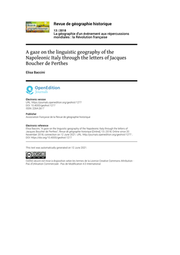 Revue De Géographie Historique, 13 | 2018 a Gaze on the Linguistic Geography of the Napoleonic Italy Through the Letter