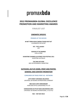 2012 Promaxbda Global Excellence Promotion and Marketing Awards Finalist List