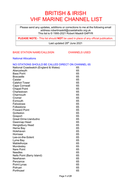 British & Irish Vhf Marine Channel List