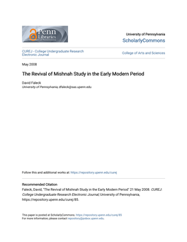 The Revival of Mishnah Study in the Early Modern Period