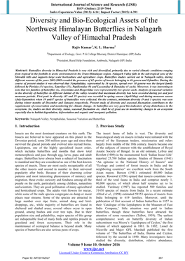 Diversity and Bio-Ecological Assets of the Northwest Himalayan Butterflies in Nalagarh Valley of Himachal Pradesh