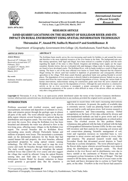 SAND QUARRY LOCATIONS on the SEGMENT of KOLLIDAM RIVER and ITS IMPACT on RURAL ENVIRONMENT USING SPATIAL INFORMATION TECHNOLOGY Thirumalai