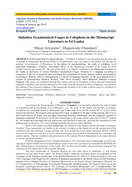 Sinhalese Grammatical Usages in Colophons in the Manuscript Literature in Sri Lanka Manoj Ariyaratne , Olaganwatte Chandasiri