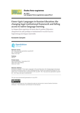 Études Finno-Ougriennes, 44 | 2012 Finno-Ugric Languages in Russian Education: the Changing Legal-Institutional