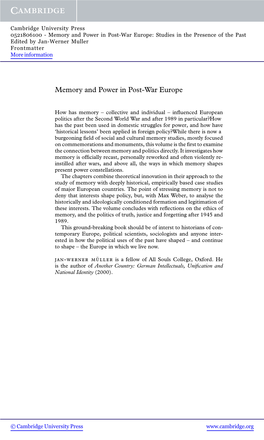 Memory and Power in Post-War Europe: Studies in the Presence of the Past Edited by Jan-Werner Muller Frontmatter More Information