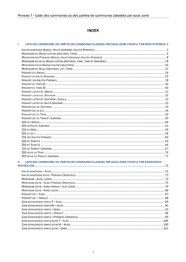 Annexe 1 - Liste Des Communes Ou Des Parties De Communes Classées Par Sous Zone