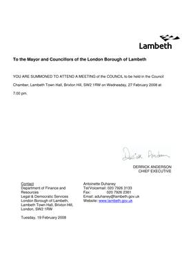 To the Mayor and Councillors of the London Borough of Lambeth