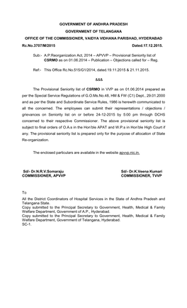 GOVERNMENT of ANDHRA PRADESH GOVERNMENT of TELANGANA OFFICE of the COMMISSIONER, VAIDYA VIDHANA PARISHAD, HYDERABAD Rc.No.3707/M