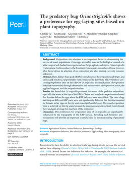 The Predatory Bug Orius Strigicollis Shows a Preference for Egg-Laying Sites Based on Plant Topography