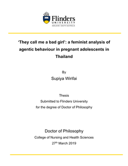 'They Call Me a Bad Girl': a Feminist Analysis of Agentic Behaviour in Pregnant Adolescents in Thailand Supiya Wirifai