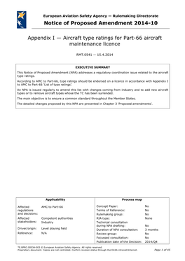 Notice of Proposed Amendment 2014-10 Appendix I — Aircraft Type
