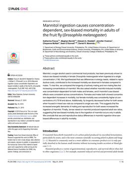 Mannitol Ingestion Causes Concentration- Dependent, Sex-Biased Mortality in Adults of the Fruit Fly (Drosophila Melanogaster)