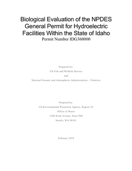 Biological Evaluation of the NPDES General Permit for Hydroelectric Facilities Within the State of Idaho Permit Number IDG360000