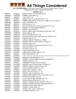 Things Considered ALL 7-LETTER NOUNS (A Word Used to Identify Any of a Class of People, Places, Or Things) Compiled by Jacob Cohen, Asheville Scrabble Club