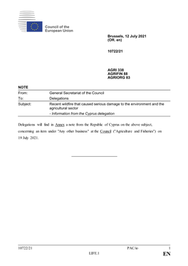 10722/21 PAC/Io 1 LIFE.1 Delegations Will Find in Annex a Note from the Republic of Cyprus on the Above Subject, Concerning An