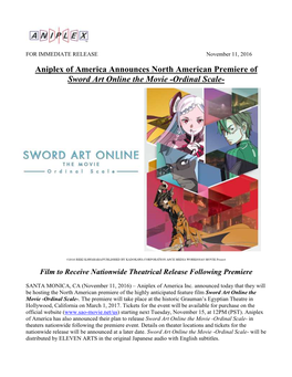 Aniplex of America Announces North American Premiere of Sword Art Online the Movie -Ordinal Scale