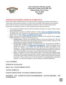 City Commission Meeting Agenda 2 Park Drive South, Great Falls, MT Gibson Room, Civic Center May 19, 2020 7:00 PM UPDATES CONCER