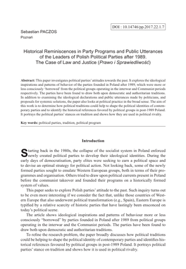 Historical Reminiscences in Party Programs and Public Utterances of the Leaders of Polish Political Parties After 1989