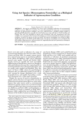 Using Ant Species (Hymenoptera: Formicidae) As a Biological Indicator of Agroecosystem Condition