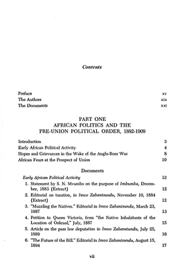 Contents PART ONE AFRICAN POLITICS and the PRE-UNION