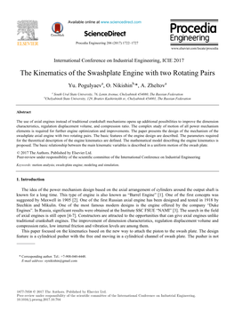 The Kinematics of the Swashplate Engine with Two Rotating Pairs the Kinematics of the Swashplate Engine with Two Rotating Pairs Yu