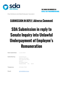 SDA Submission in Reply to Senate Inquiry Into Unlawful Underpayment of Employee's Remuneration