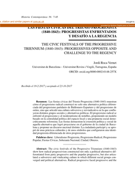 Las Fiestas Cívicas Del Trienio Progresista (1840-1843): Progresistas Enfrentados Y Desafío a La Regencia