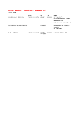 Masvingo Province - Polling Stations March 2002 Observers