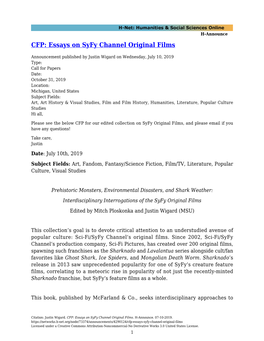 CFP: Essays on Syfy Channel Original Films