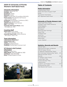 Table of Contents 2020-21 University of Florida Women's Golf Quick Facts