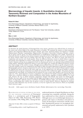 Macroecology of Aquatic Insects: a Quantitative Analysis of Taxonomic Richness and Composition in the Andes Mountains of Northern Ecuador1