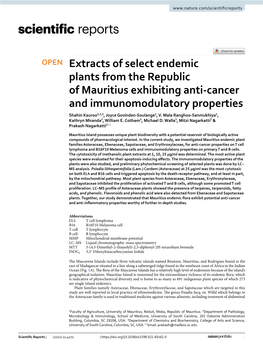 Extracts of Select Endemic Plants from the Republic of Mauritius Exhibiting