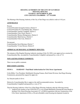 Housing Authority of the City of San Diego Meeting Minutes Tuesday, September 29, 2020 City Council Chambers – 12Th Floor