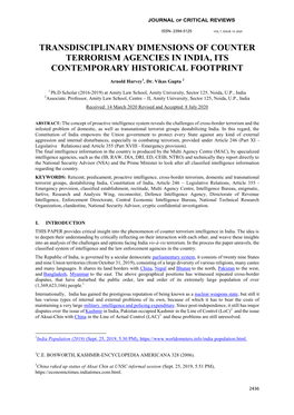 Transdisciplinary Dimensions of Counter Terrorism Agencies in India, Its Contemporary Historical Footprint