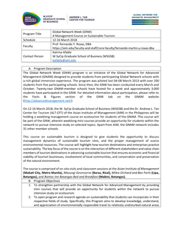 GNW) Program Title a Management Course on Sustainable Tourism Schedule 12-16 March 2018 Prof