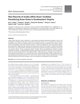 New Records of Ixodes Affinis (Acari: Ixodidae) Parasitizing Avian Hosts in Southeastern Virginia