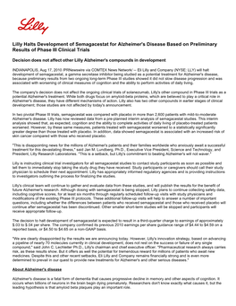 Lilly Halts Development of Semagacestat for Alzheimer's Disease Based on Preliminary Results of Phase III Clinical Trials