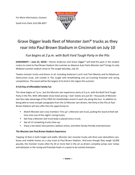 Grave Digger Leads Fleet of Monster Jam® Trucks As They Roar Into Paul Brown Stadium in Cincinnati on July 10