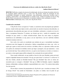 O Processo De Midiatização Da Ética No Reality Show Big Brother Brasil Amilton Gláucio De Oliveira *