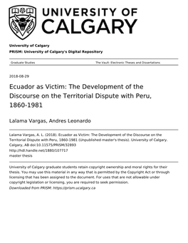 Ecuador As Victim: the Development of the Discourse on the Territorial Dispute with Peru, 1860-1981