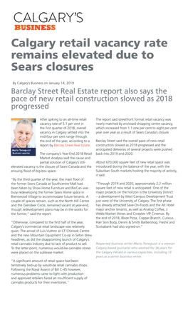 Calgary Retail Vacancy Rate Remains Elevated Due to Sears Closures