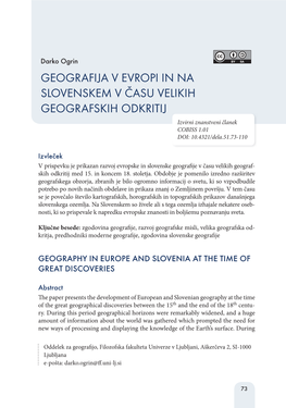 Geografija V Evropi in Na Slovenskem V Času Velikih Geografskih Odkritij
