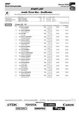 START LIST Javelin Throw Men - Qualification with Qualifying Standard of 82.50 (Q) Or at Least the 12 Best Performers (Q) Advance to the Final